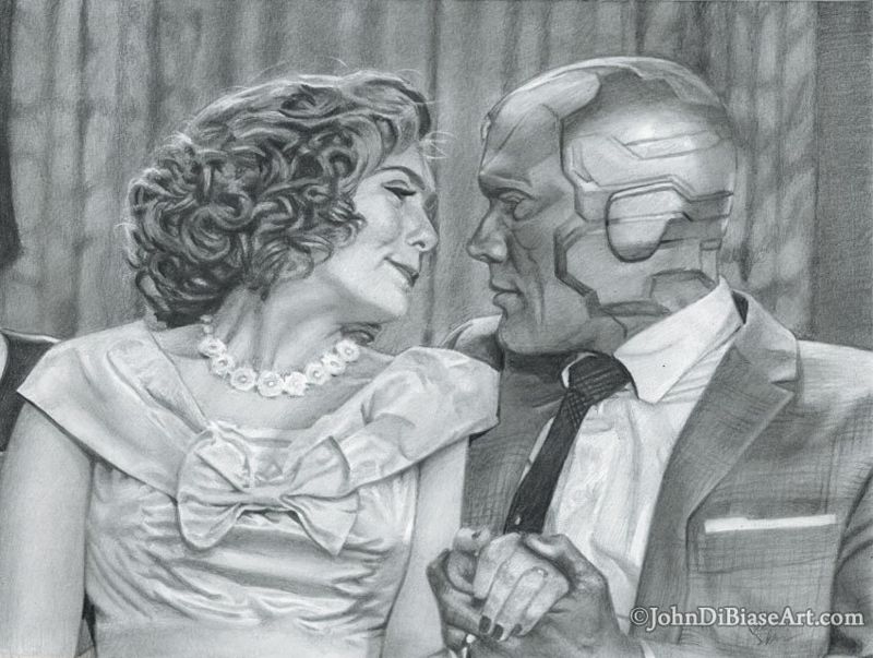 Wandavision Drawing Print Featuring Wanda Maximoff (Elizabeth Olsen) and Vision (Paul Bettany)