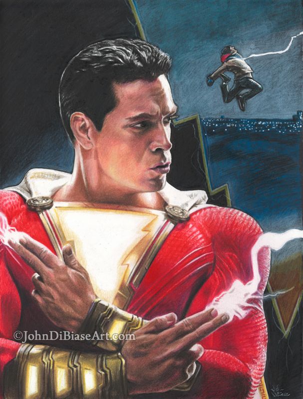 Shazam! / Billy Batson (Zachary Levi and Asher Angel) Original Drawing (Not a Print) 9" x 12"