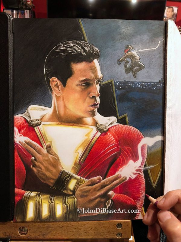 Shazam! / Billy Batson (Zachary Levi and Asher Angel) Original Drawing (Not a Print) 9" x 12"