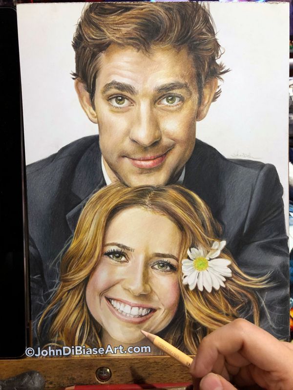 Jim and Pam from "The Office" John Krasinski and Jenna Fischer Original Colored Pencil Drawing (NOT a print) 9" x 12"