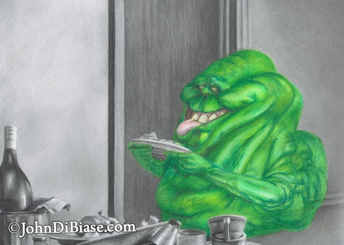 Slimer in Ghostbusters 1984 in the Sedgewick Hotel Original Graphite and Colored Pencil Drawing (NOT a print) 12" x 9"