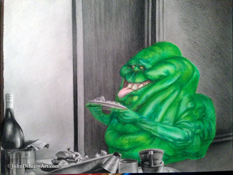 Slimer in Ghostbusters 1984 in the Sedgewick Hotel Original Graphite and Colored Pencil Drawing (NOT a print) 12" x 9"
