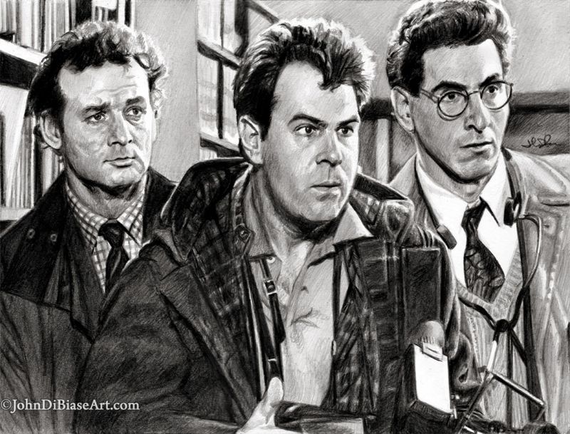 Peter,  Ray, and Egon "Get Her" Library Ghostbusters Original Graphite Pencil Drawing (NOT a print) 12" x  9"