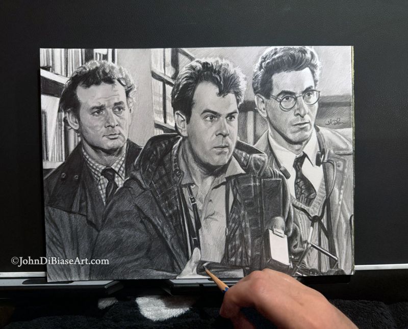 Peter,  Ray, and Egon "Get Her" Library Ghostbusters Original Graphite Pencil Drawing (NOT a print) 12" x  9"