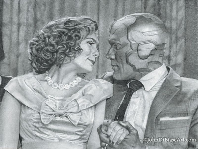 Wandavision Wanda Maximoff (Elizabeth Olsen) and Vision (Paul Bettany) Graphite Drawing (NOT a Print) 12 "x 9"