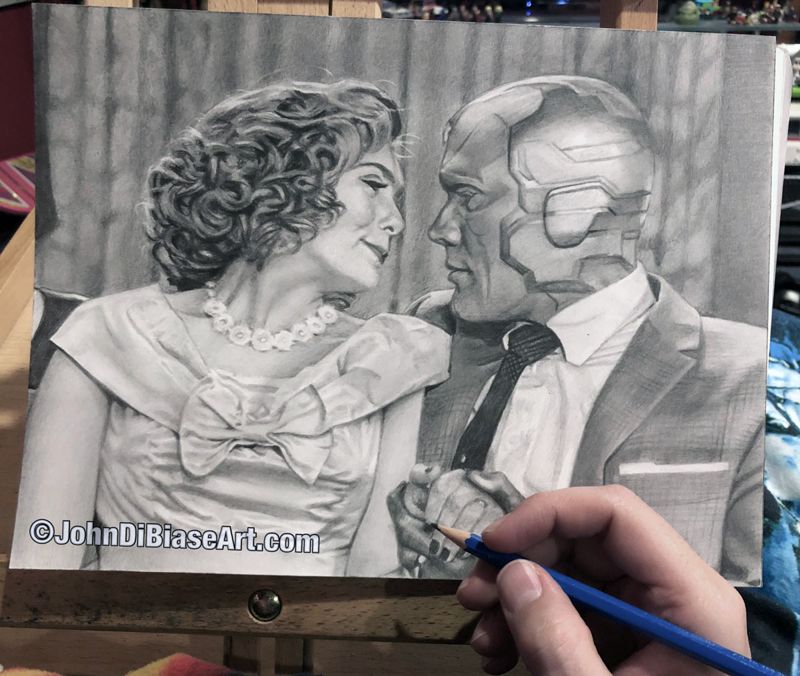 Wandavision Wanda Maximoff (Elizabeth Olsen) and Vision (Paul Bettany) Graphite Drawing (NOT a Print) 12 "x 9"