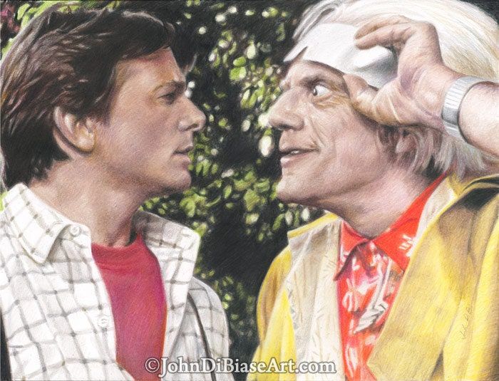 Michael J. Fox as Marty McFly and Christopher Lloyd as Doc Brown in Back To The Future II Drawing Print 11 x 8.5