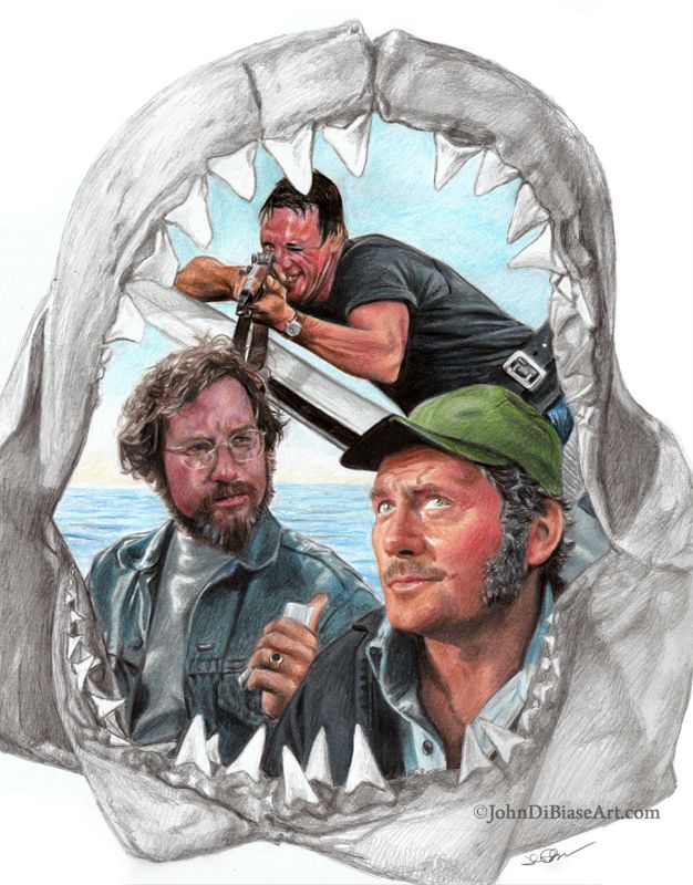 Jaws Collage Hooper, Quint and Brody (Richard Dreyfuss, Robert Shaw, Roy Scheider) Colored Pencil Drawing Print 8.5 x 11