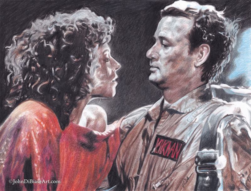 Ghostbusters Dana Barrett and Peter Venkman Colored Pencil Drawing Print 11 x 8.5 (Sigourney Weaver, Bill Murray)