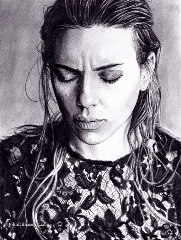 Scarlett Johansson "Somber" Original Graphite Drawing (Not a Print) 9" x 12"