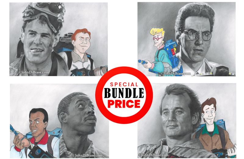 BUNDLE: 4-Print Pack of the 4 Ghostbusters with their Real Ghostbusters Characters Drawing Print 11 x 8.5 (each)