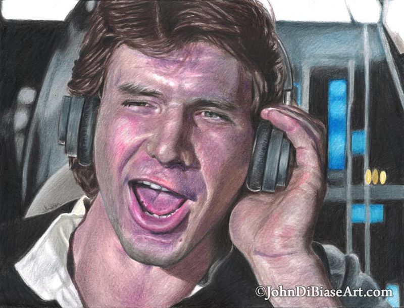 Han Solo (Harrison Ford) w/ Headphones in Star Wars 8.5 x 11 Colored Pencil Drawing Print
