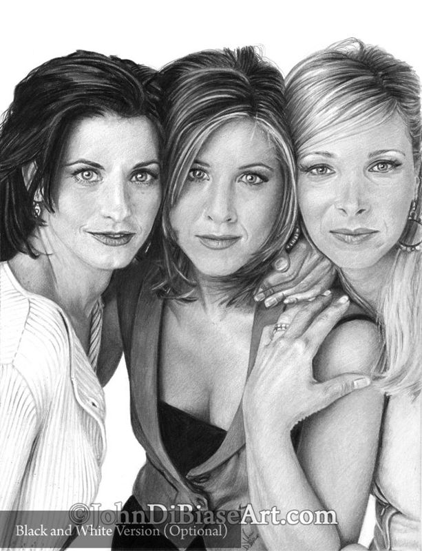Friends Monica Gellar, Rachel Green, Phoebe Buffay Full Color Drawing Print (8.5 x 11) - Courtney Cox, Jennifer Aniston, Lisa Kudrow