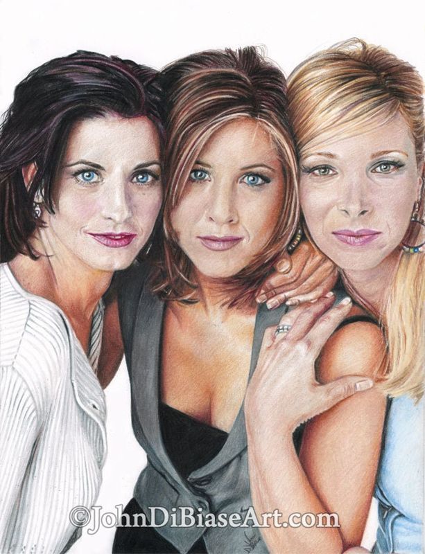 Friends Monica Gellar, Rachel Green, Phoebe Buffay Full Color Drawing Print (8.5 x 11) - Courtney Cox, Jennifer Aniston, Lisa Kudrow