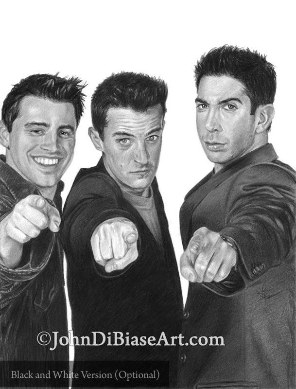 Friends Joey Tribiani, Chandler Bing, Ross Gellar Full Color Drawing Print (8.5 x 11) - Matt LeBlanc, Matthew Perry, David Schwimmer