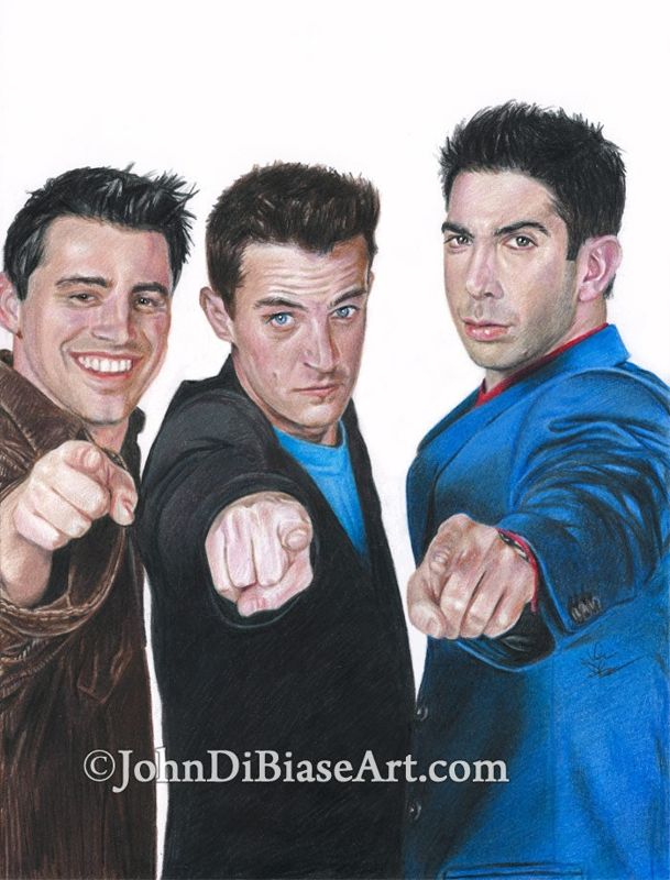 Friends Joey Tribiani, Chandler Bing, Ross Gellar Full Color Drawing Print (8.5 x 11) - Matt LeBlanc, Matthew Perry, David Schwimmer