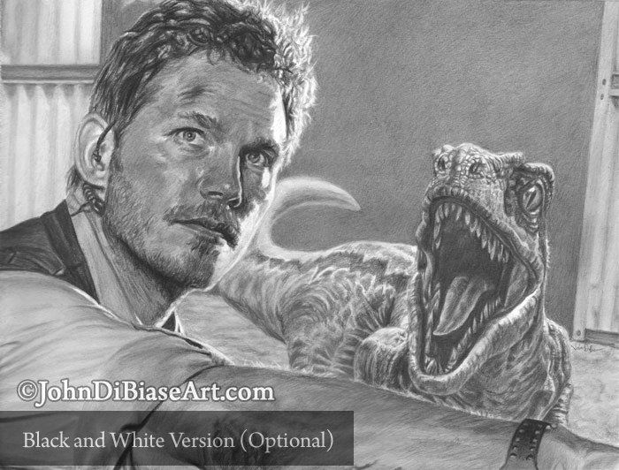 Chris Pratt as Owen Grady in Jurassic World w/ Blue the Raptor Drawing Print 11 x 8.5