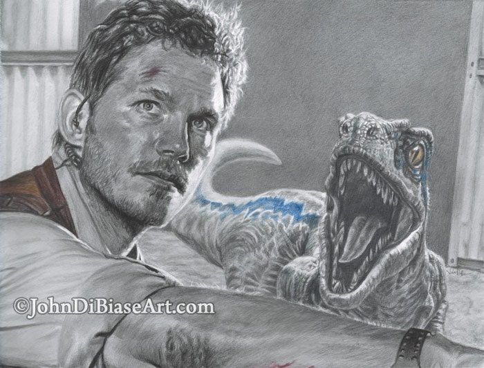 Chris Pratt as Owen Grady in Jurassic World w/ Blue the Raptor Drawing Print 11 x 8.5