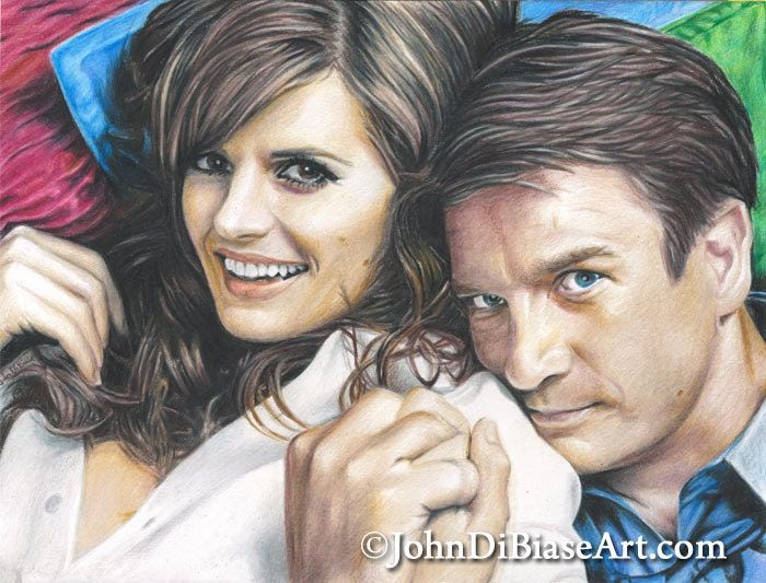 Stana Katic and Nathan Fillion as Castle and Beckett from TV's Castle Colored Pencil Drawing Print (11 x 8.5)