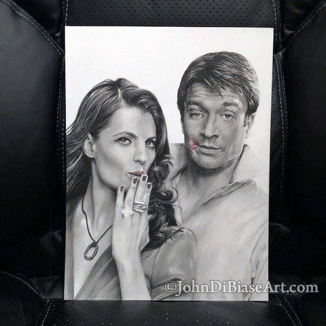Original Graphite & Colored Pencil Drawing of Nathan Fillion and Stana Katic from TV's Castle (NOT a print)