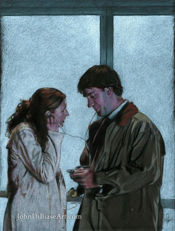 Jim and Pam Share Music from "The Office" Drawing Print (Jenna Fischer and John Krasinski) 8.5 x 11
