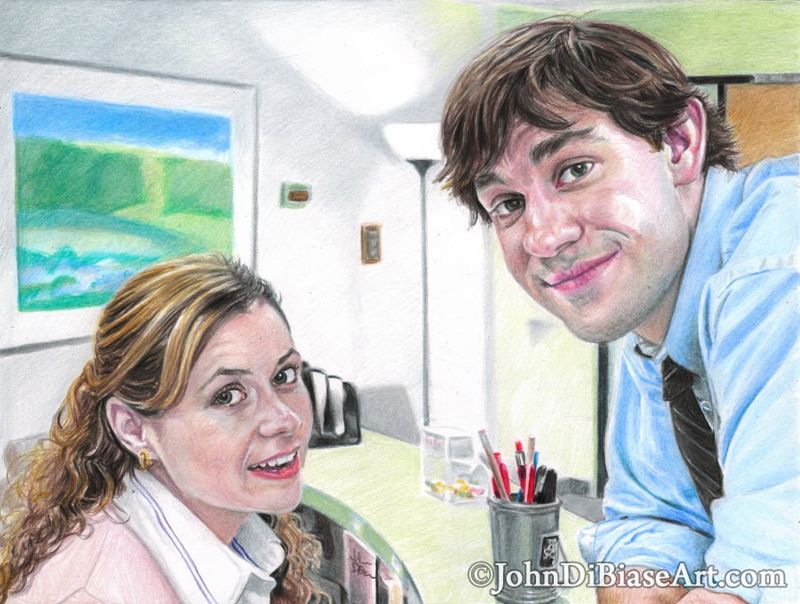 Jim and Pam at the Reception Desk from "The Office" (Jenna Fischer and John Krasinski) Colored Pencil Drawing Print 11 x 8.5