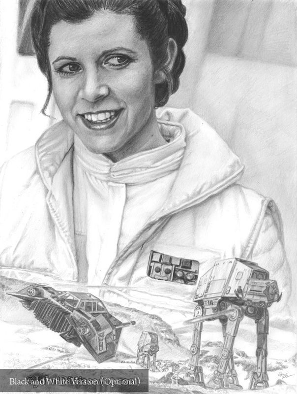 Princess Leia (Carrie Fisher) in Star Wars with AT-ATs and Snow Speeder Drawing Print 8.5 x 11