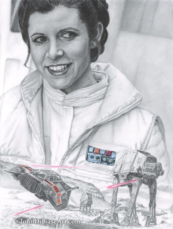 Princess Leia (Carrie Fisher) in Star Wars with AT-ATs and Snow Speeder Drawing Print 8.5 x 11