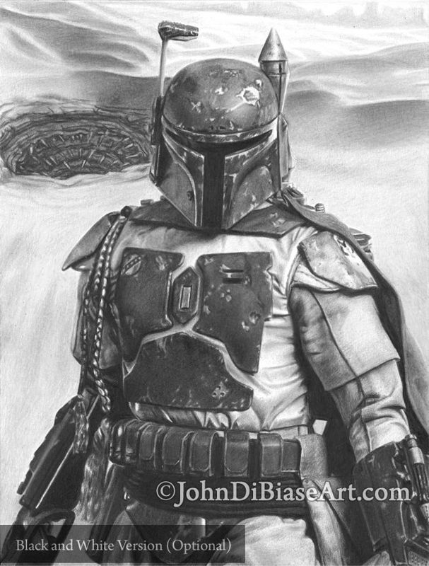 Boba Fett in Star Wars Full Color Drawing Print - Sarlacc Background 8.5 x 11