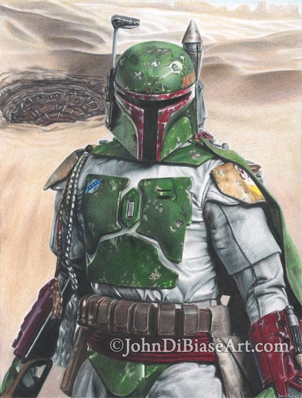 Boba Fett in Star Wars Full Color Drawing Print - Sarlacc Background 8.5 x 11