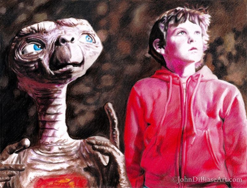 E.T. and Elliott (Henry Thomas) Colored Pencil Drawing Print 11 x 8.5