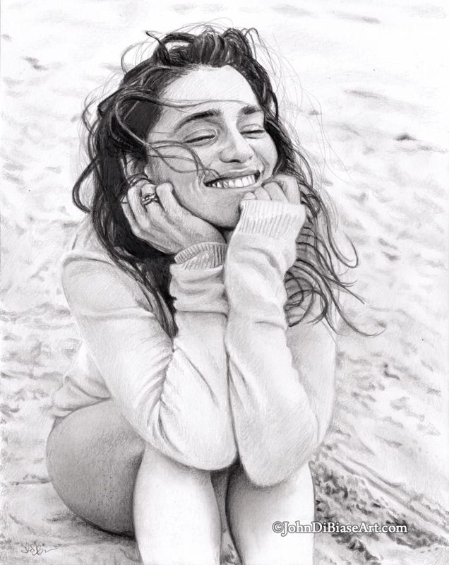 Emilia Clarke "Beach" ORIGINAL Pencil Drawing 9 x 12