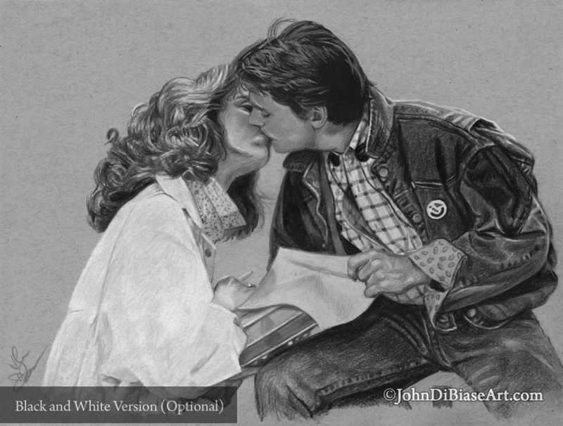 Michael J. Fox as Marty McFly with Claudia Wells as Jennifer Parker in Back To The Future Drawing Print 11 x 8.5