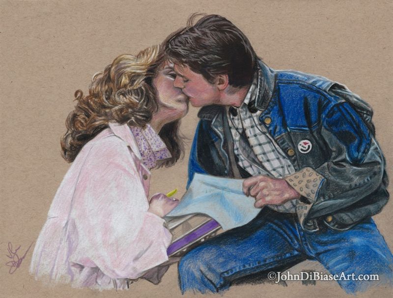 Michael J. Fox as Marty McFly with Claudia Wells as Jennifer Parker in Back To The Future Drawing Print 11 x 8.5