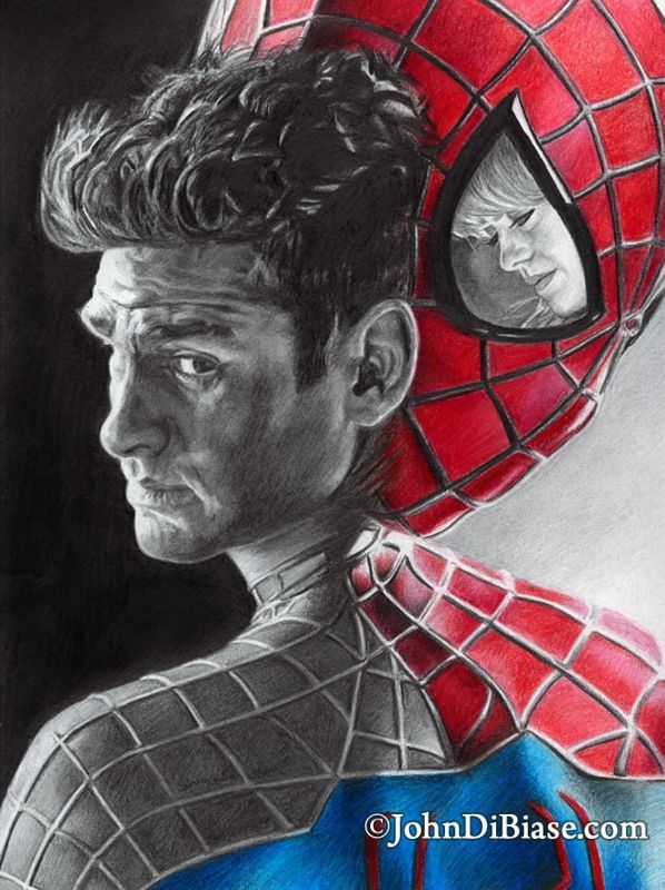 Andrew Garfield as Spider-Man and Peter Parker with Emma Stone as Gwen Stacy Drawing Print 8.5 x 11
