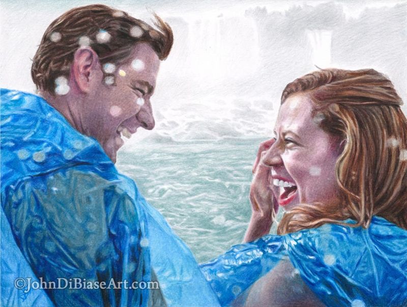 Jim and Pam Niagara Falls Wedding from "The Office" (Jenna Fischer and John Krasinski) Colored Pencil Drawing Print 8.5 x 11