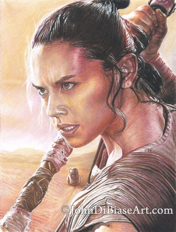 Daisy Ridley as Rey w/ BB-8 from Star Wars: The Force Awakens Colored Pencil Drawing Print (8.5 x 11)