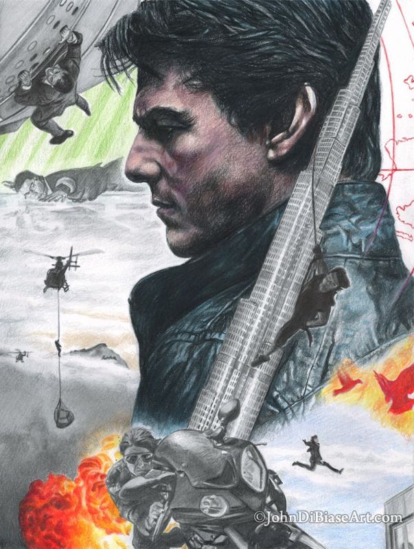 Mission Impossible Ethan Hunt (Tom Cruise) Graphite and Colored Pencil Drawing Print 8.5 x 11