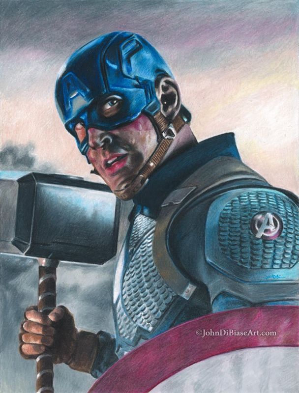Captain America with Mjolnir in Avengers Endgame (Chris Evans) Colored Pencil Drawing Print 8.5 x 11
