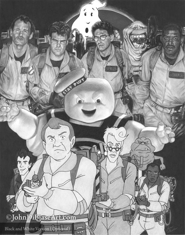 Ghostbusters and Slimer with their Real Ghostbusters Characters Drawing Print 8.5 x 11