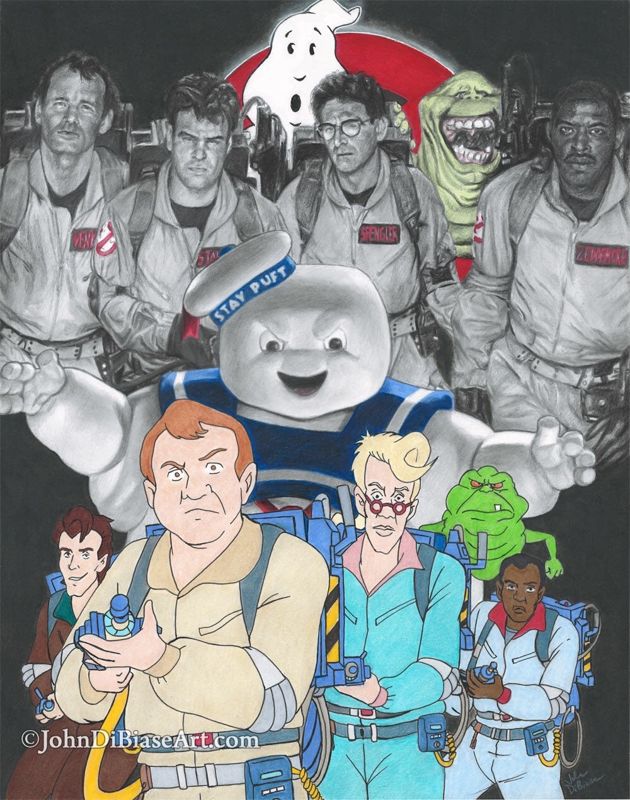 Ghostbusters and Slimer with their Real Ghostbusters Characters Drawing Print 8.5 x 11
