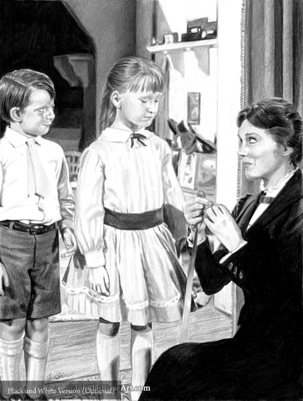 Mary Poppins with Jane and Michael Colored Pencil Drawing Print 8.5 x 11