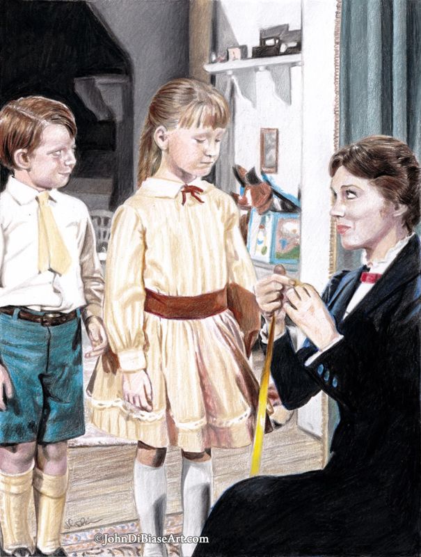 Mary Poppins with Jane and Michael Colored Pencil Drawing Print 8.5 x 11