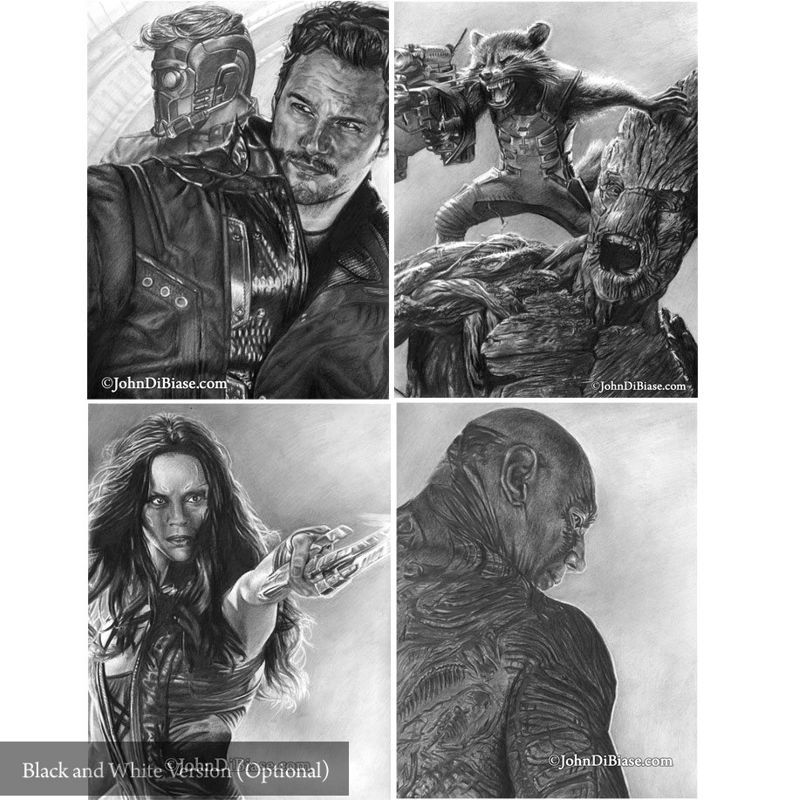 4 Guardians of the Galaxy Drawing Prints: Star-Lord, Rocket & Groot, Gamora and Drax 8.5 x 11