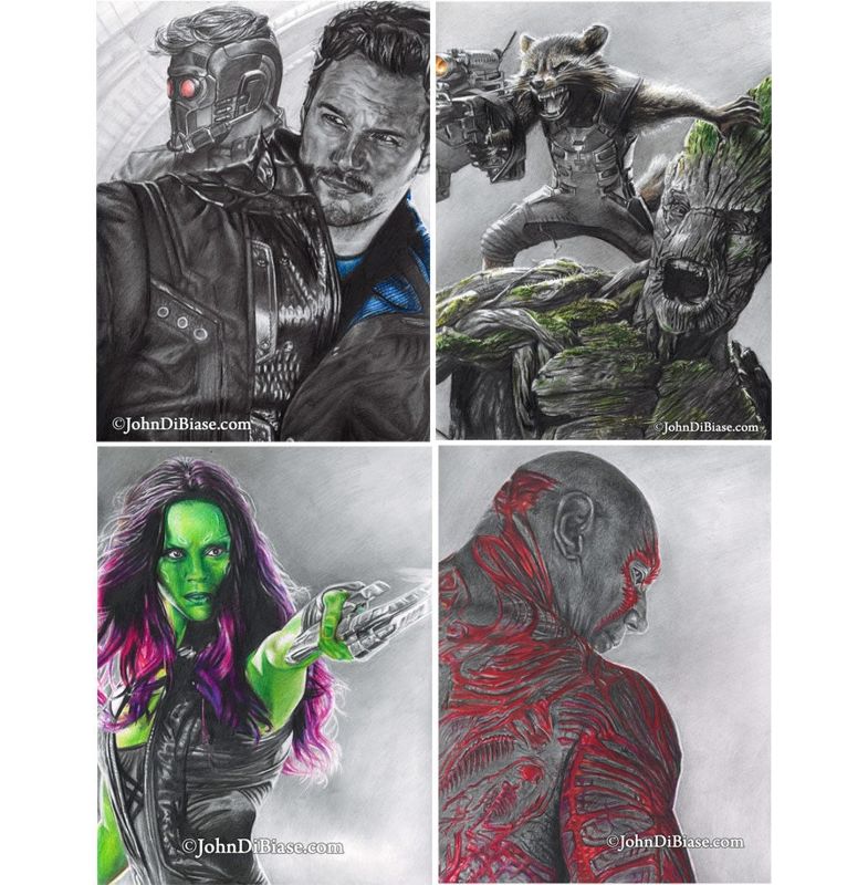 4 Guardians of the Galaxy Drawing Prints: Star-Lord, Rocket & Groot, Gamora and Drax 8.5 x 11