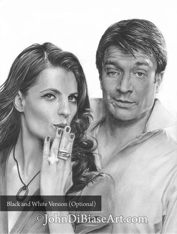 Stana Katic and Nathan Fillion as Castle and Beckett from TV's Castle Drawing Print  8.5 x 11