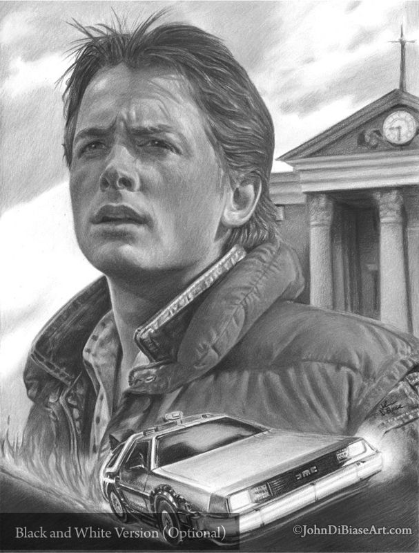 Michael J. Fox as Marty McFly with the Delorean in Back To The Future Drawing Print 8.5 x 11