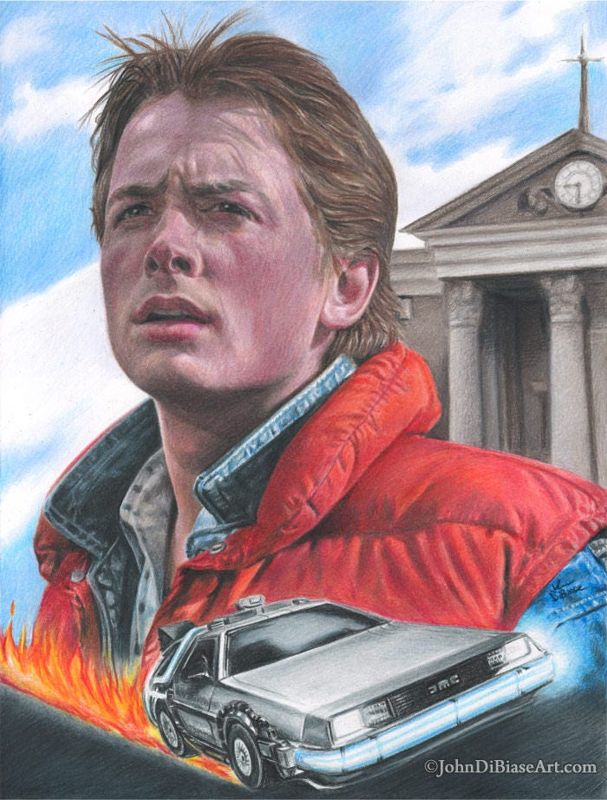 Michael J. Fox as Marty McFly with the Delorean in Back To The Future Drawing Print 8.5 x 11