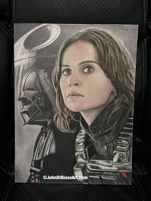Jyn Erso (Felicity Jones) with Darth Vader and the Death Star Rogue One Original Drawing (NOT a print)