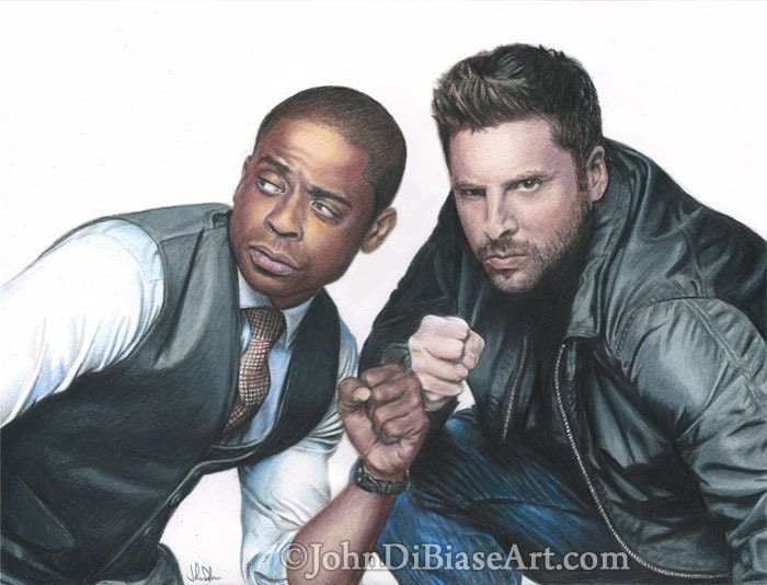 James Roday as Shawn Spencer and Dule Hill as Burton "Gus" Guster in TV's PSYCH Color Drawing Print (11 x 8.5)